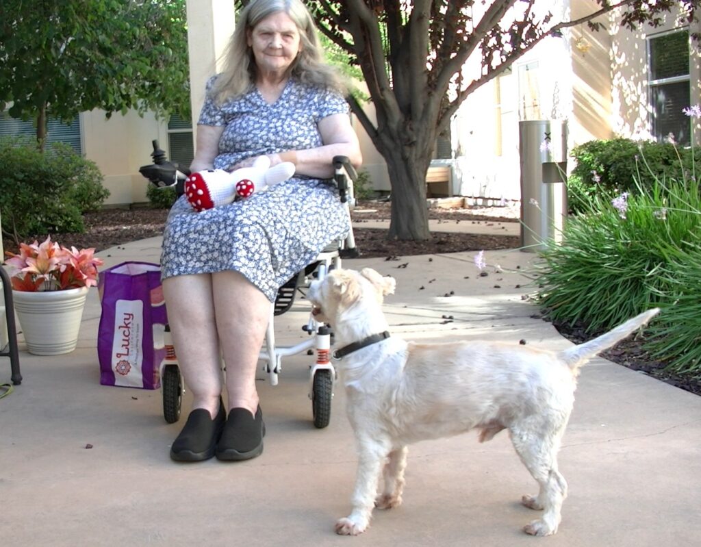 Sally and dog Scruffy at Brentwood Grove a senior living community with pet friendly living lab test doll